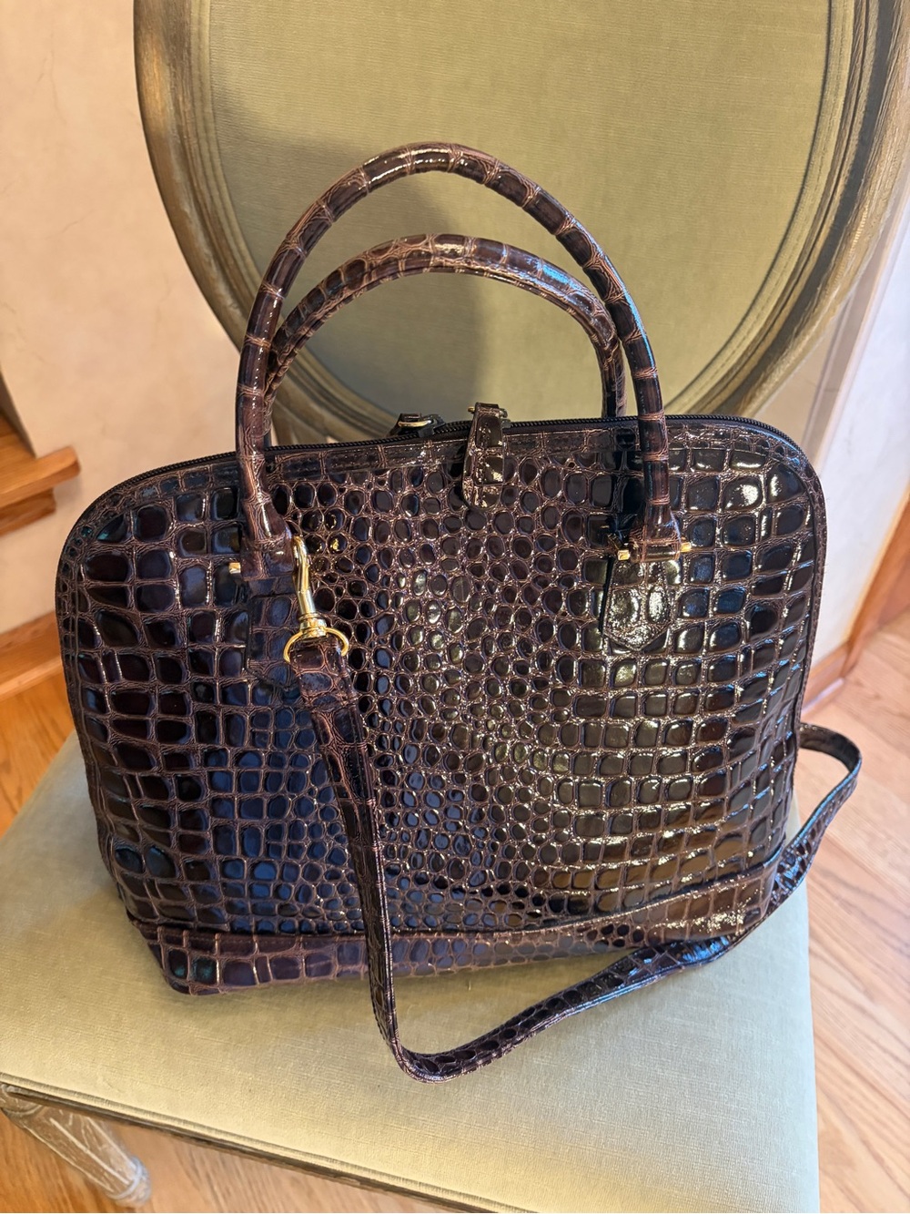Vintage Lord & Taylor Leather Croc Embossed Dome Satchel Crossbody Burgundy MINT